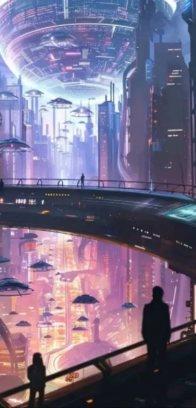 Futuristic cityscape with hovering vehicles and skyscrapers.