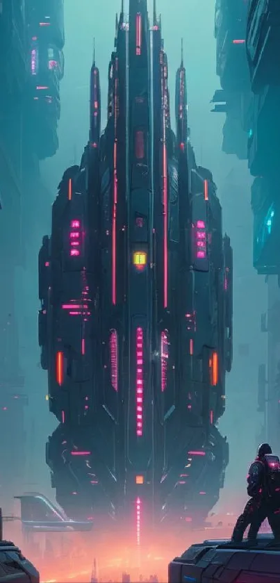 Futuristic cityscape with neon lights and towering buildings in a sci-fi setting.