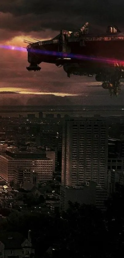 Futuristic cityscape with spaceship flying over urban skyline at night.