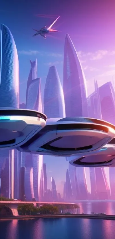 A futuristic cityscape with flying cars and skyscrapers in vibrant hues.