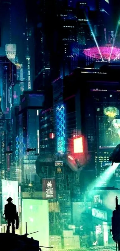 Futuristic cityscape with neon lights and skyscrapers.
