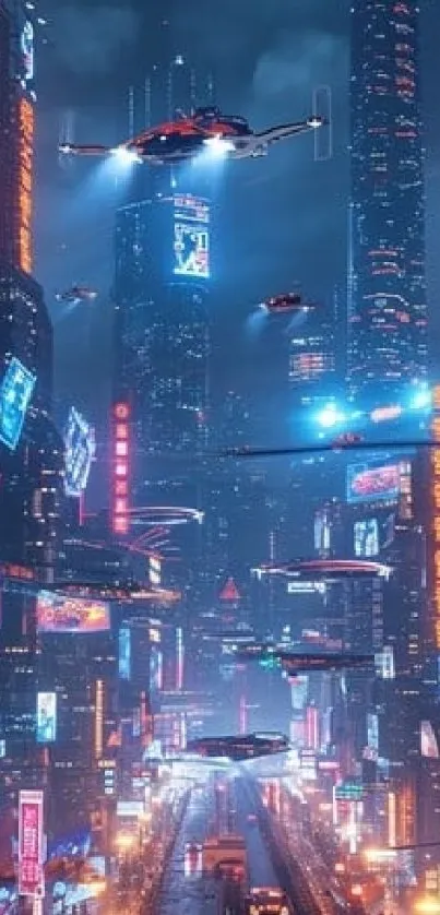 A futuristic cityscape with neon lights and flying drones, showcasing technology.