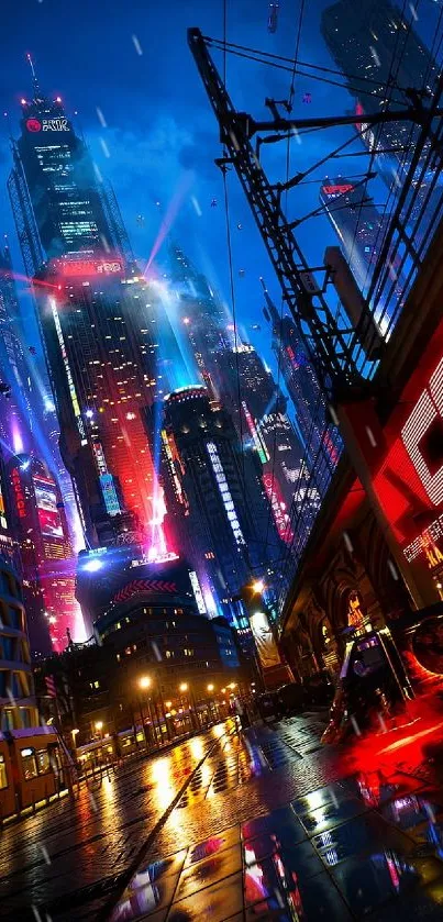 Futuristic cityscape with neon lights in a vibrant mobile wallpaper.