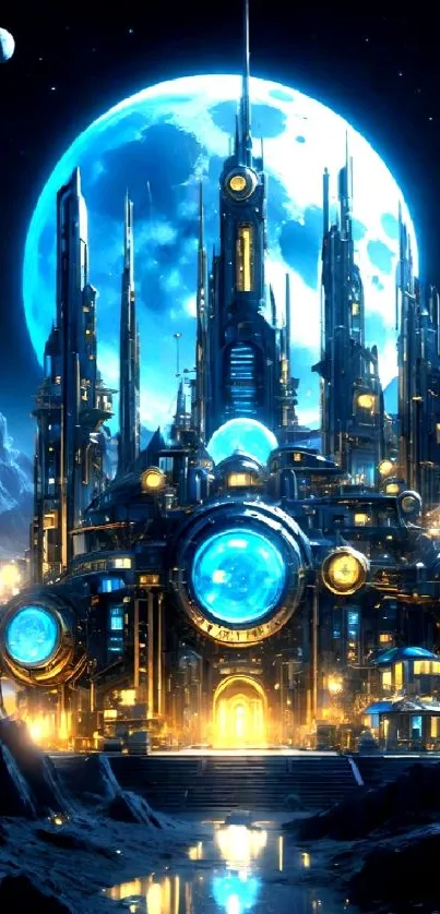 Futuristic city under a blue moonlit sky.