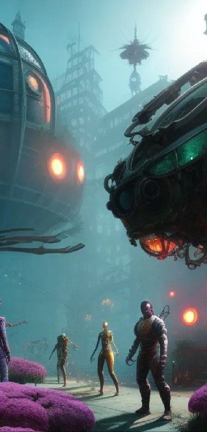 Futuristic landscape with neon lights and robotic figures in a vibrant city.