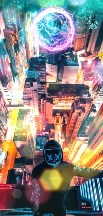 Futuristic cityscape with neon lights and mysterious figure.