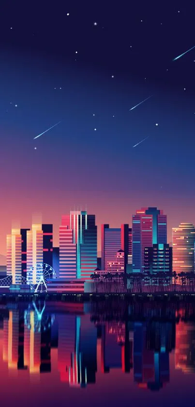 Futuristic cityscape with night skyline and reflections under a starry sky.