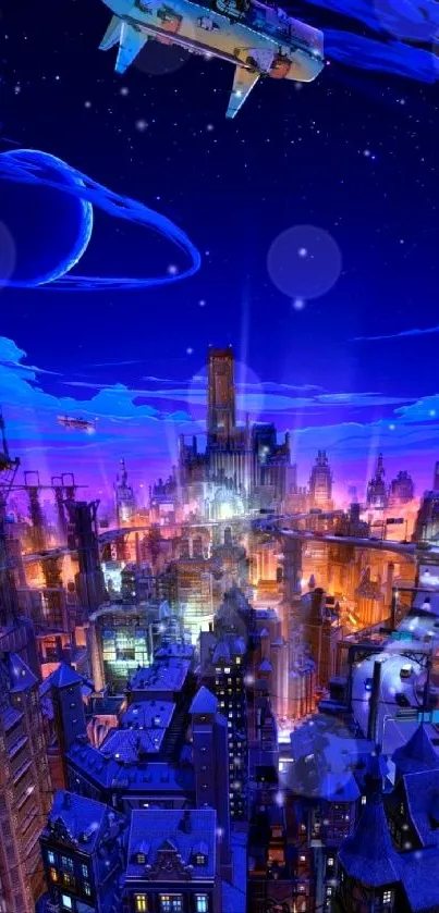 Futuristic cityscape with deep blue night sky.