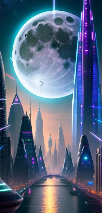 Futuristic cityscape with neon lights and a large, glowing moon.