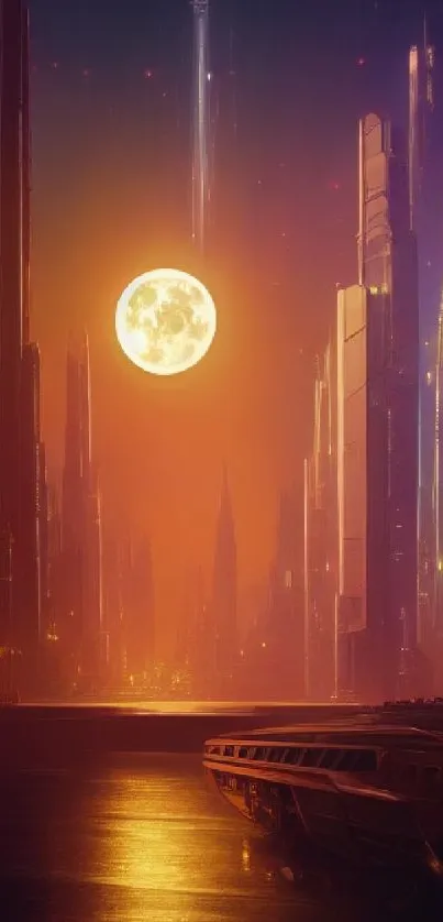 Futuristic cityscape with orange hues and a glowing moon in the night sky.