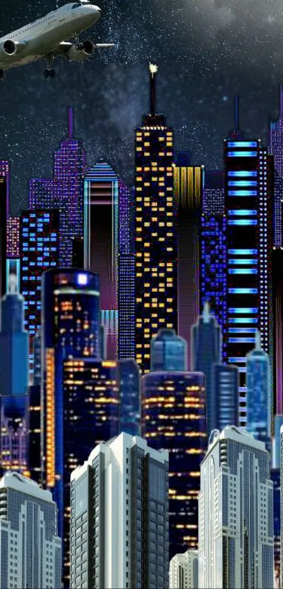 Futuristic cityscape with bright skyscrapers at night and an airplane above.