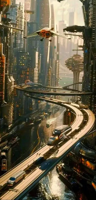 Futuristic city with flying cars and neon lights showcasing urban modernity.