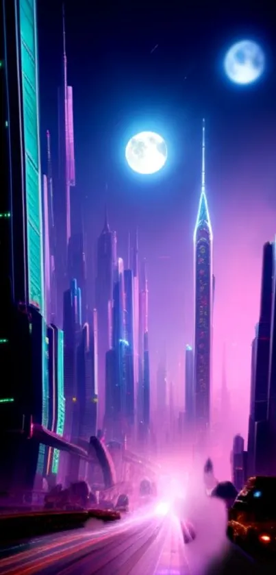 Futuristic cityscape with neon lights and towering skyscrapers.