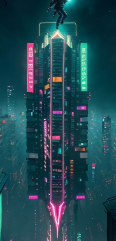 Cyberpunk cityscape with neon lights and futuristic skyscraper.