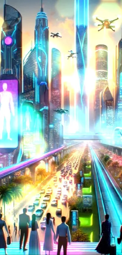 Futuristic cityscape with neon lights and skyscrapers.