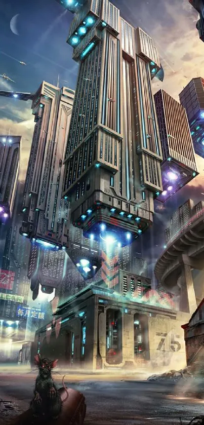 Futuristic cityscape with floating skyscrapers and neon lights.