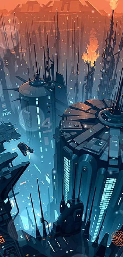 Futuristic cityscape with orange sky.