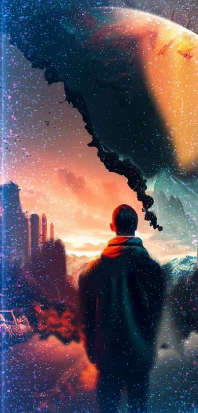 Futuristic cityscape with a hooded figure in vivid colors.