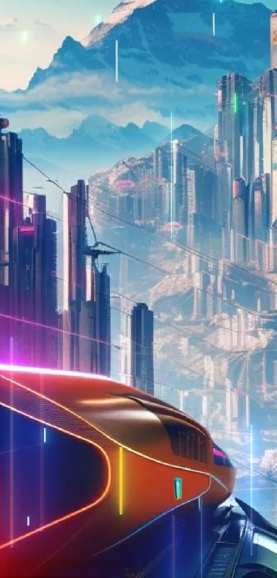 Futuristic cityscape with neon accents and mountains in the background.