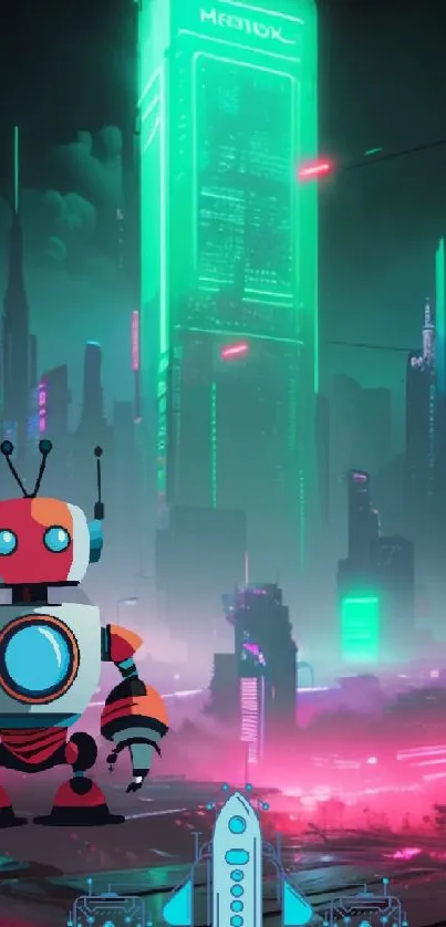 Futuristic cityscape with robot and neon lights.