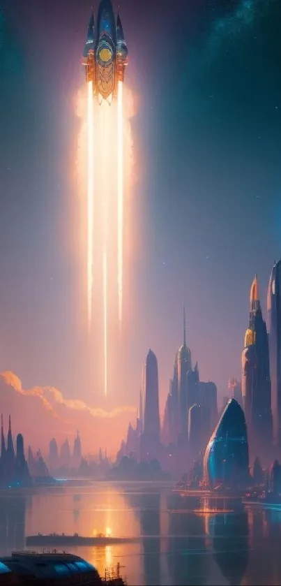 Futuristic cityscape with rocket launch and glowing urban skyline.