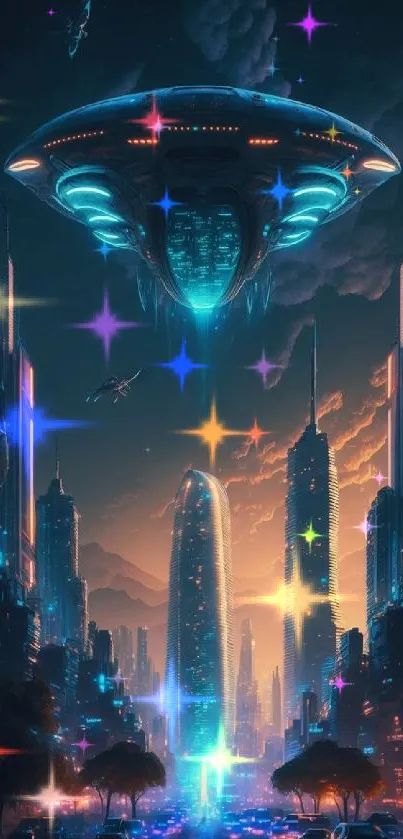 Futuristic cityscape with neon colors and a hovering spaceship in sci-fi art.