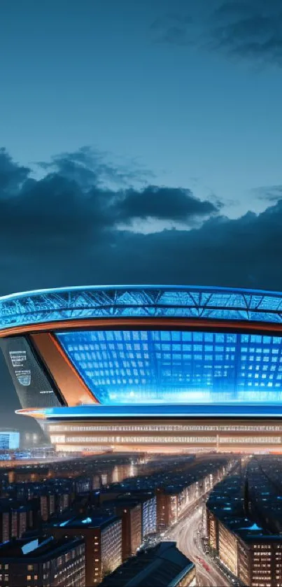 Futuristic cityscape with a glowing blue stadium at night.