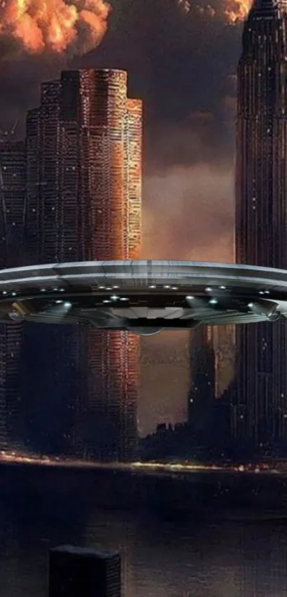 A UFO hovers above a futuristic city skyline at night.