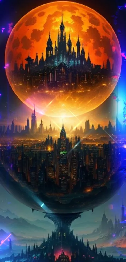 Futuristic cityscape with orange moon and vibrant colors.
