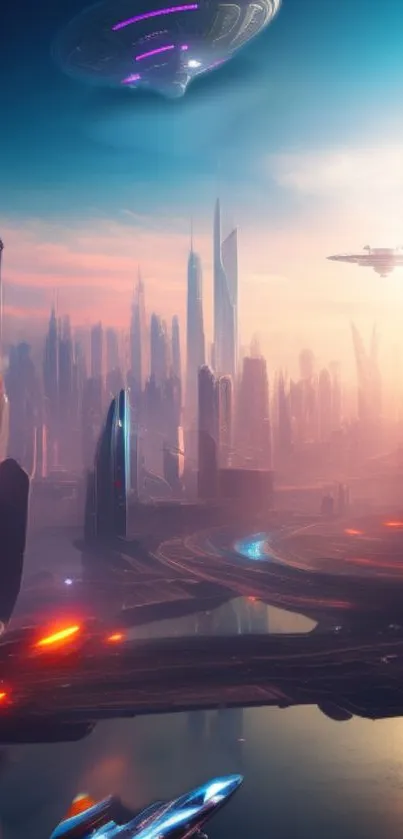 Futuristic cityscape with spaceships over a vibrant skyline.