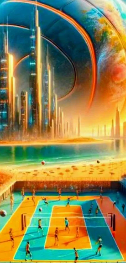 Futuristic city with volleyball court and planetary skyline.