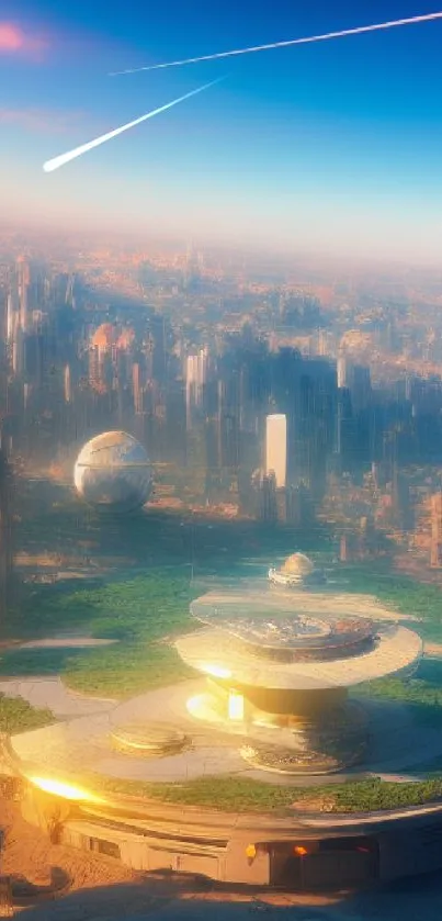 Futuristic cityscape with vibrant colors and sci-fi architecture.
