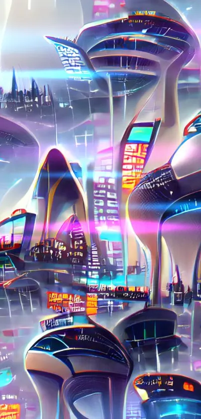 Futuristic cityscape with neon skyscrapers and glowing lights.