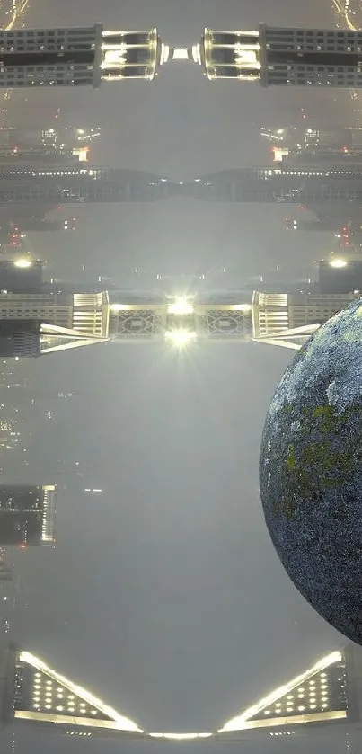 Futuristic cityscape with figure on sphere and glowing lights.