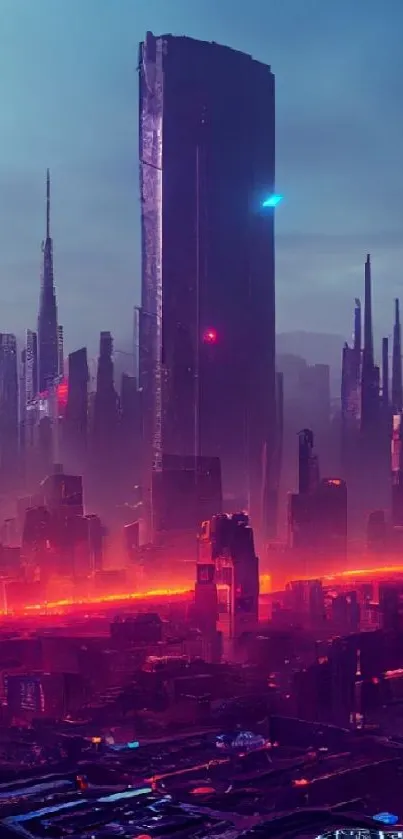 Neon-lit futuristic cityscape with tall skyscrapers and vibrant purple hues.