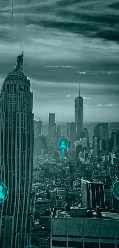 Futuristic cityscape with teal digital elements and urban skyline.