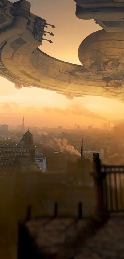 Futuristic cityscape with spaceship hovering over urban skyline at sunset.