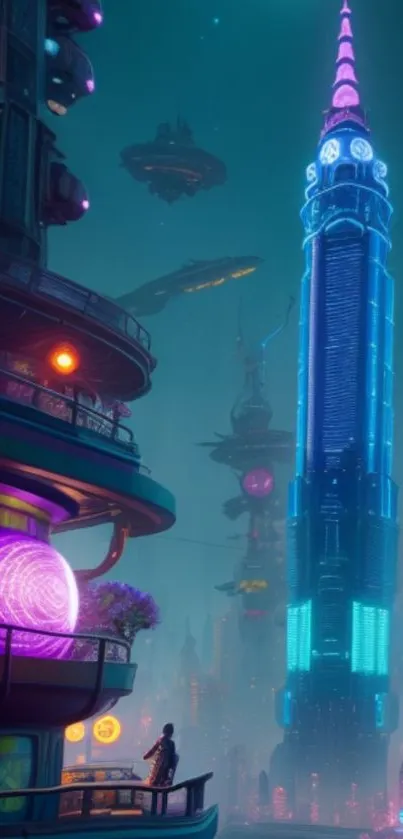 Futuristic cityscape with neon skyscrapers and floating ships.