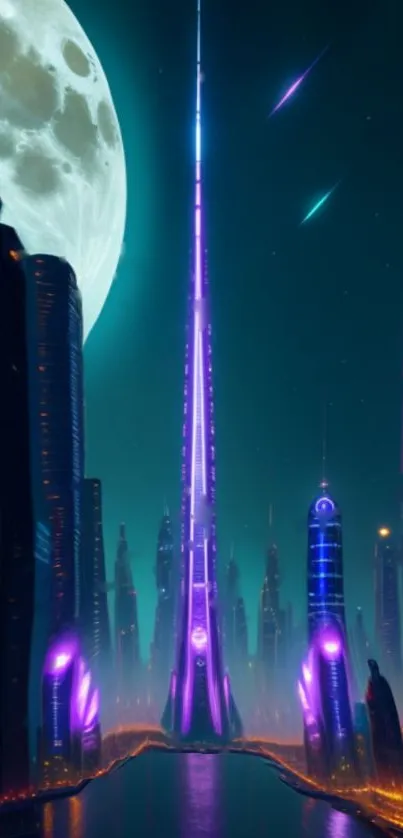 Futuristic cityscape with neon lights and moonlit sky.