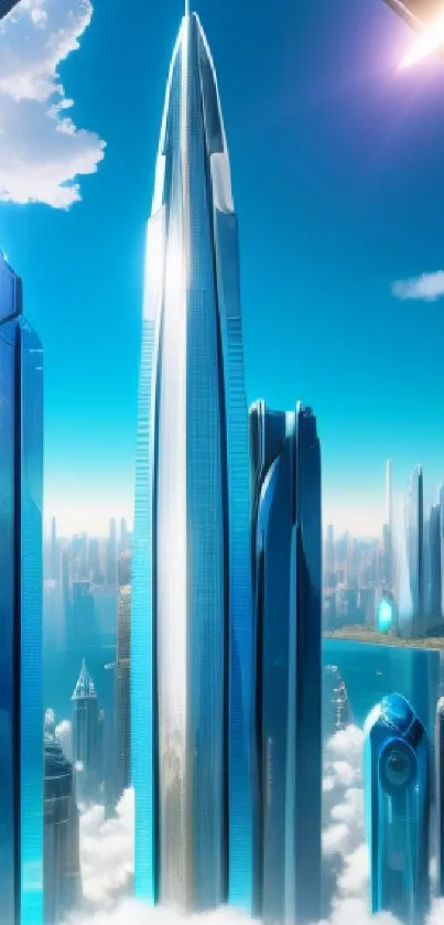 Futuristic cityscape with skyscrapers under a bright blue sky.