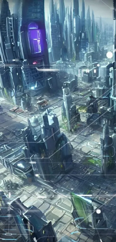 Futuristic cityscape with tall skyscrapers and urban design.