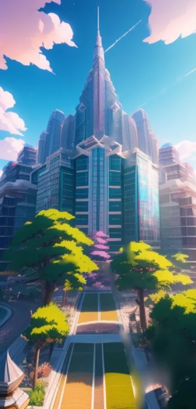 Futuristic cityscape with modern architecture and a vibrant sky in a digital art style.