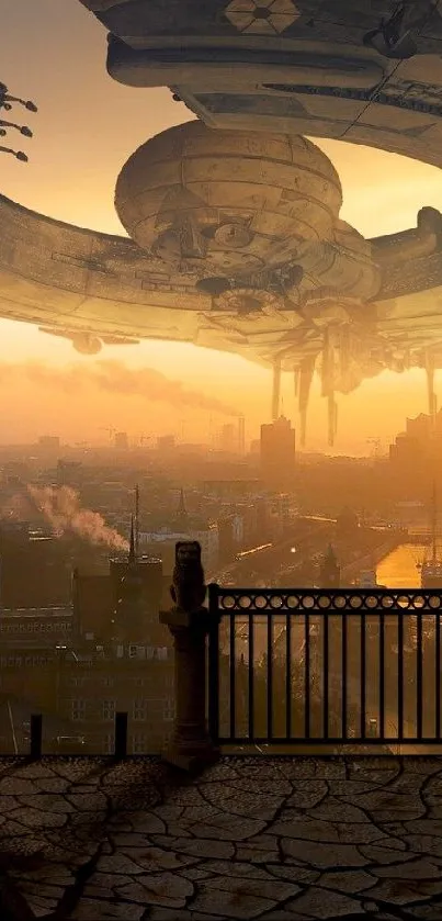 Futuristic cityscape with hovering spaceship at sunset.