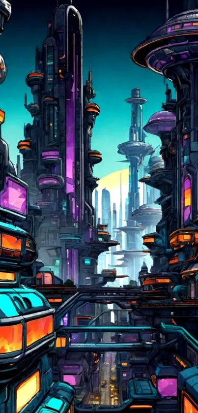 Futuristic cityscape with neon highlights and modern architecture in vibrant colors.