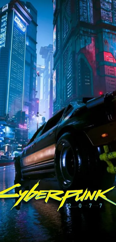 Cyberpunk 2077 cityscape with car and neon lights.