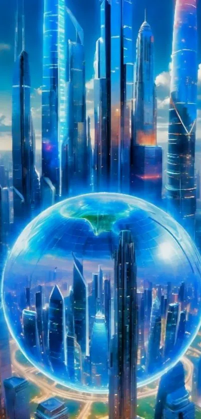 Futuristic cityscape with glowing blue sphere and skyscrapers.