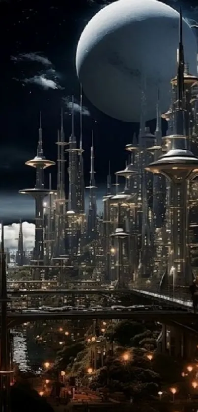 Futuristic cityscape under a night sky with a large moon and illuminated architecture.