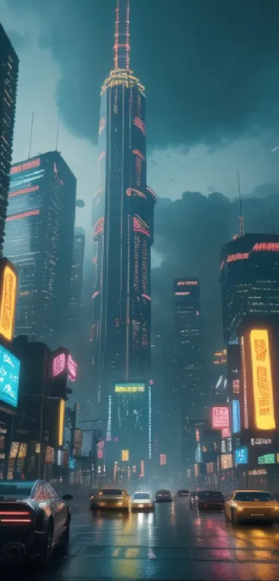 Futuristic city skyline with neon lights and bustling urban streets at night.