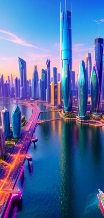 Futuristic cityscape with colorful skyscrapers and sunset sky.