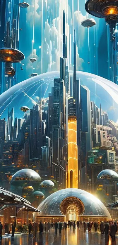 Futuristic cityscape with glowing skyscrapers under a radiant night sky.